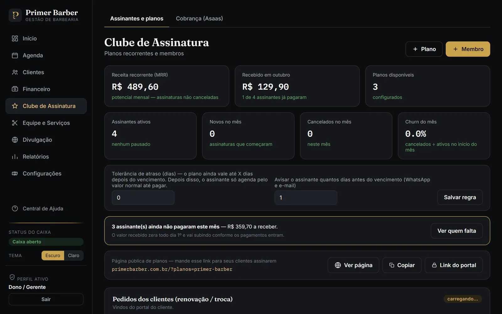 Tela do clube de assinatura com receita recorrente, assinantes ativos e quem ainda não pagou